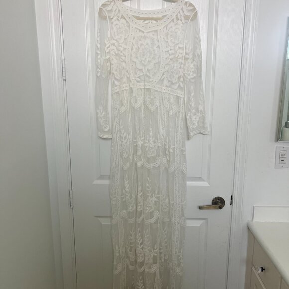 Long Sleeve White Lace Floral Maternity Maxi Photoshoot Dress w/ Tan Slip Dress - Picture 5 of 6